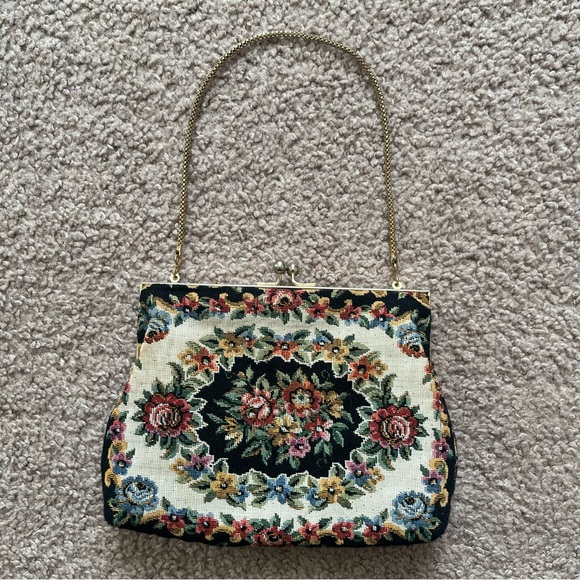 Vintage Handbags - Vintage Floral Petit Point Needlepoint Tapestry Bag Gold Handle Dainty Evening